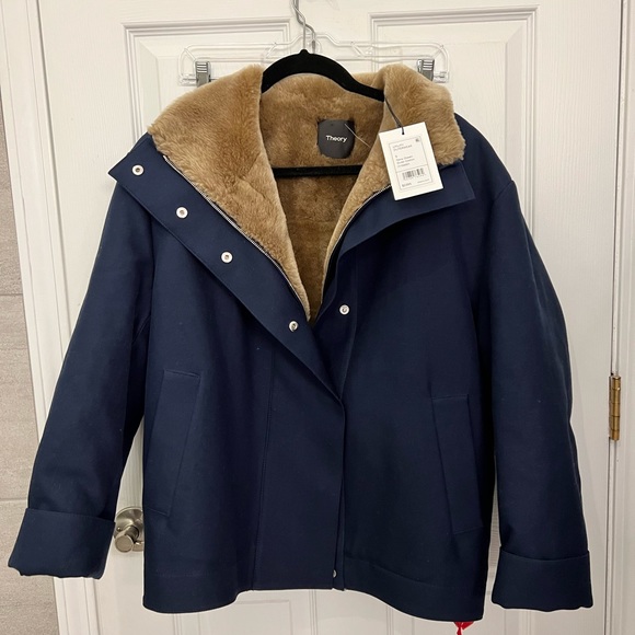 NWT!!! Theory utility outerwear navy ocean REAL shearling lamb fur - Picture 5 of 13